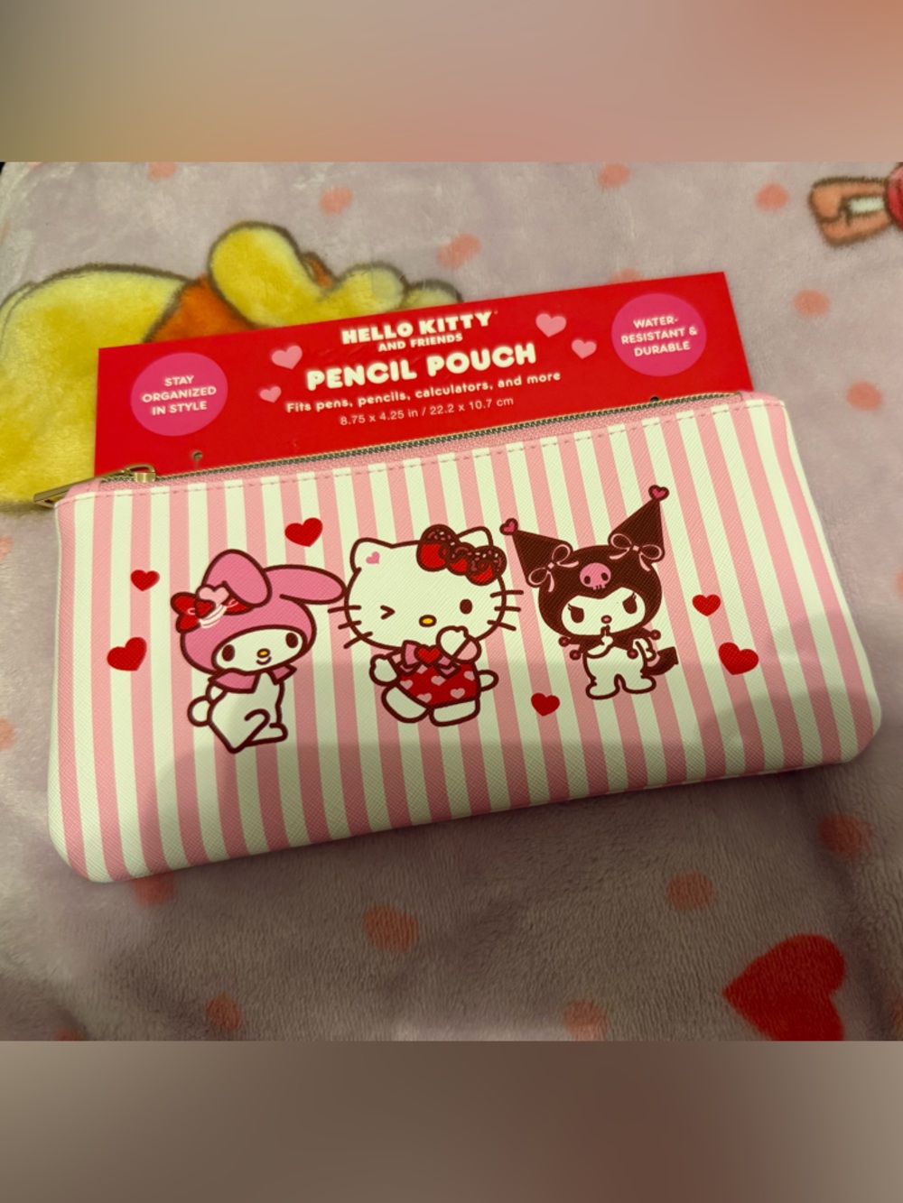 Hello Kitty Pink & Friends White Striped Pencil Pouch with Hearts